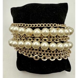 Vintage 5 Strand‎ Faux Pearl & Chain Necklace w/ Fancy Metal Clasp cottagecore